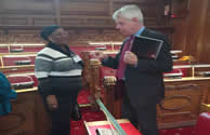 Tour of the Woolwich Town Hall Council Chambers <br>
L-R: Hon. Omobolanle Akinyemi-Obe (Executive Chairman Coker Aguda LCDA);Cllr. David Gardn